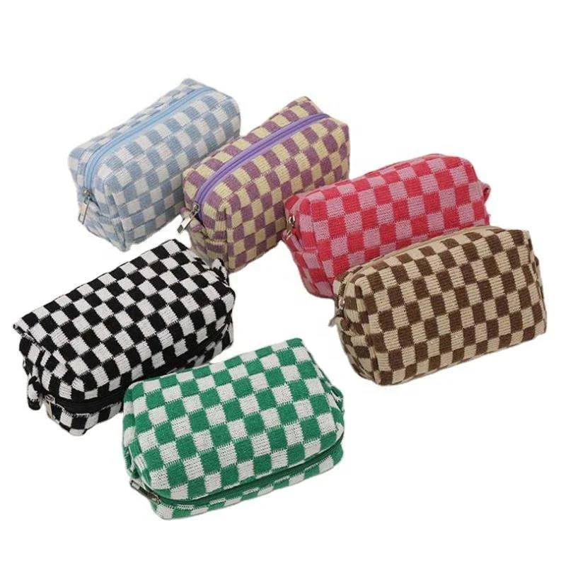 Portable Retro Knitted Women Cosmetiqueras Checkerboard Knitting Pouch Bag Contrast Makeup Case Cosmetic Bags Storage Bag
