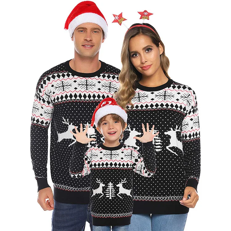 Custom High Quality Knitted Jacquard Ugly Christmas Sweater  Acrylic Couple Family Christmas Sweater