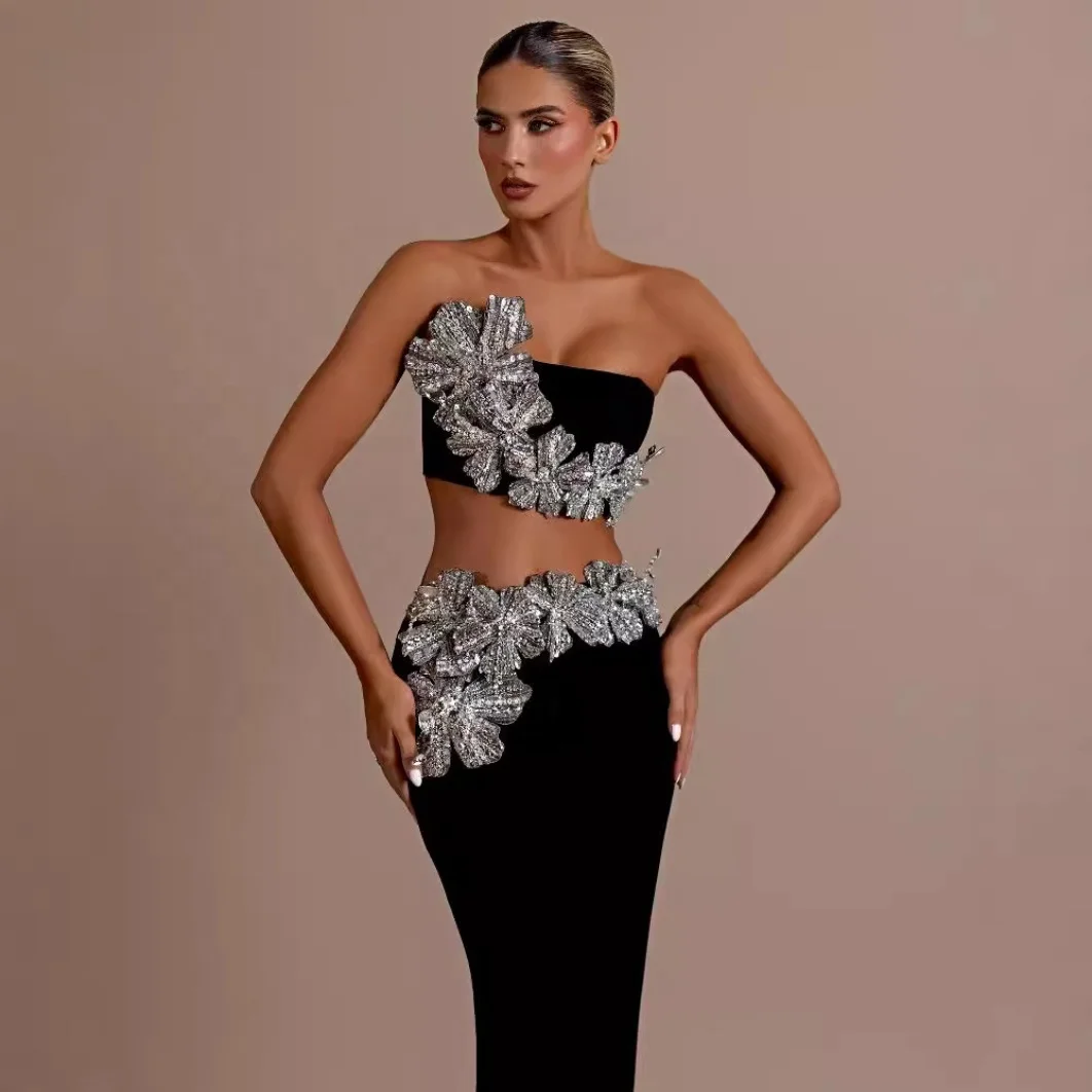 Luxury Sexy Bandage Dress 2-Piece Sets Shiny Diamonds Flower Strapless Evening Party Dresses Set for Woman 2024