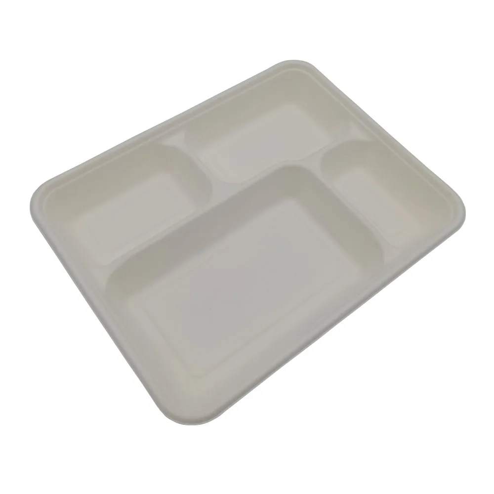 Disposable pfas free food container bagasse sugarcane paper Tray biodegradable paper pulp 4 compartment food tray