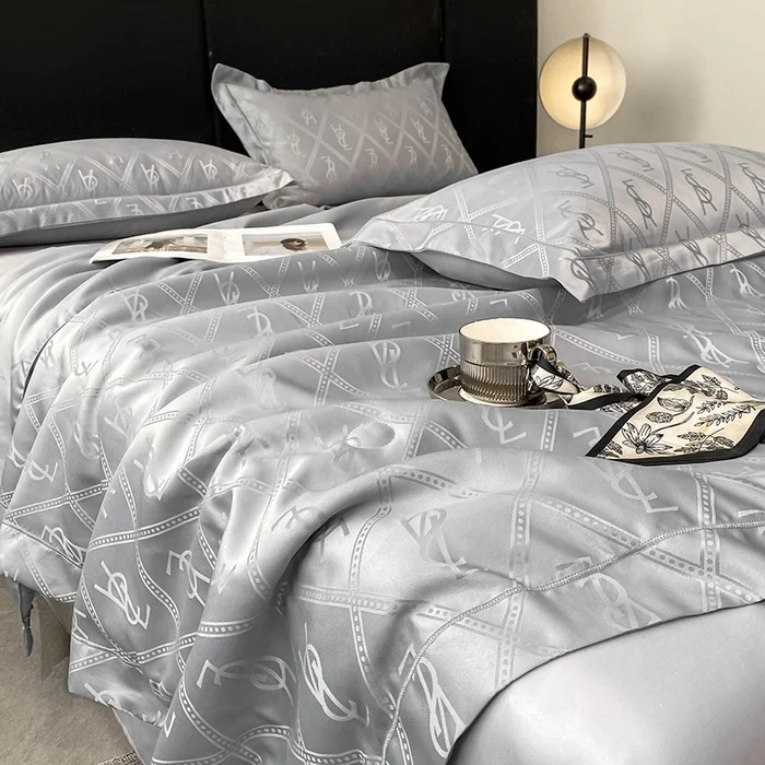 Luxury Brand Washed Tencel Quilt Sets for Summer Solid Silk-like Letter Striped Bedding Quilts King Queen Size 4-in-1