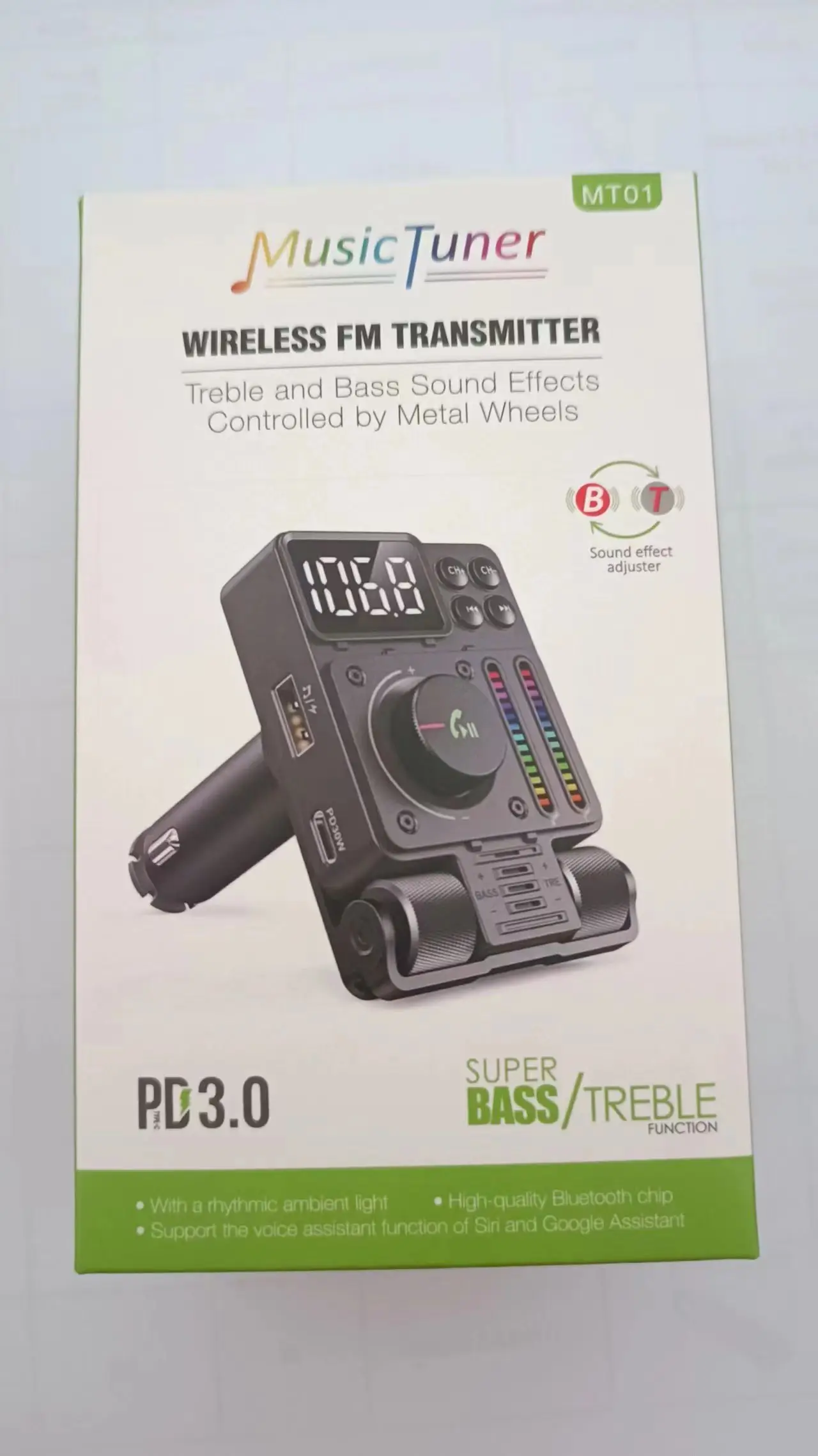 MT01 Car MP3 Player with Sound Pickup Ambient Light PD 30W Car Fast Charging Wireless Bluetooth 5.3 FM Transmitter for Car