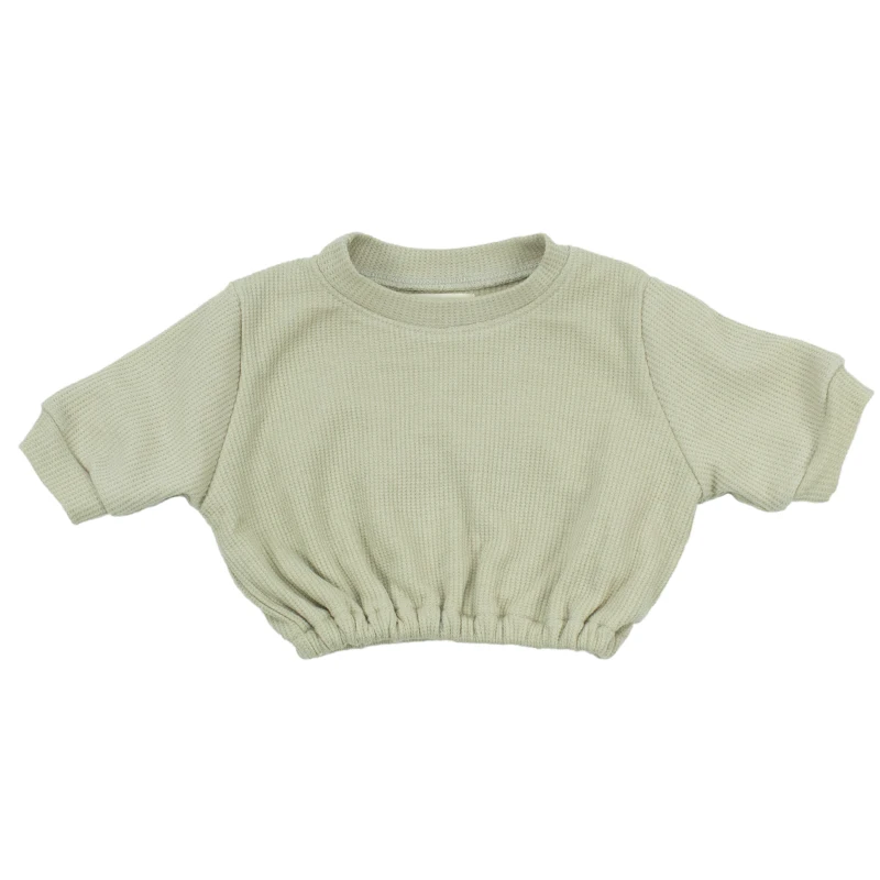 
High Quality Ins-Style Baby Newborn Clothes Top Light Grey oversize Waffle O-neck unisex shirts Waist with stretch 