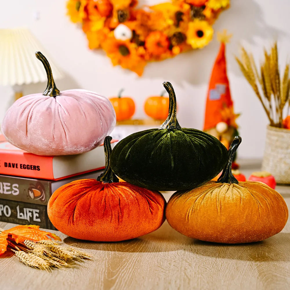 Fall Harvest Thanksgiving Day Gold Velvet Fabric Pumpkin For Home Furnishings Scene Decoration Standing Plush Pumpkin