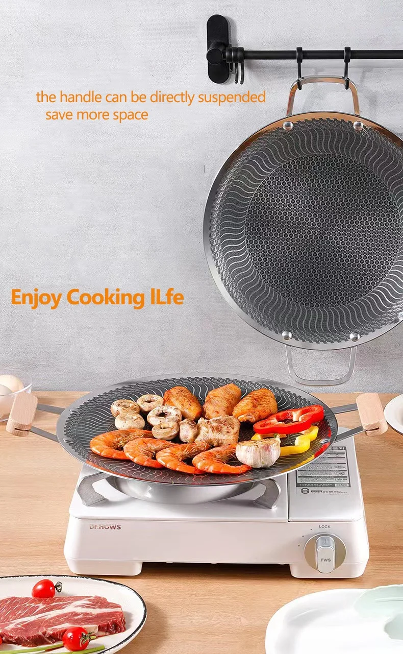 34cm Triply stainless steel 316 grill pan with honeycomb non stick frying pan griddle pan more durable with wood folding handle