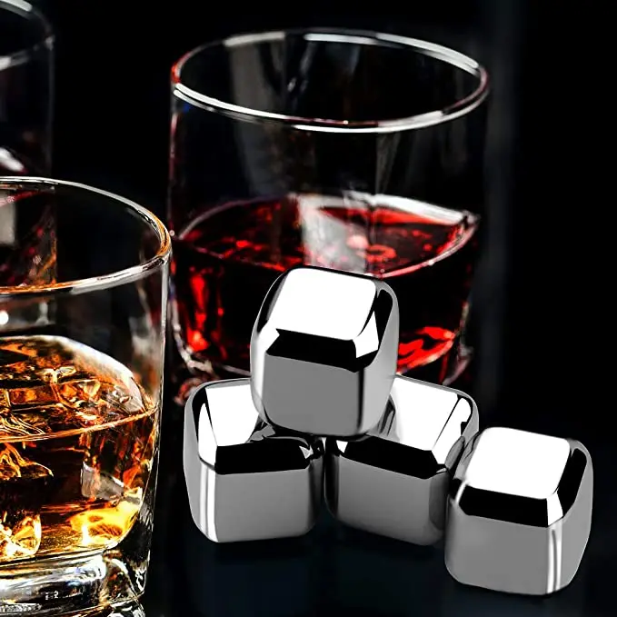Reusable Ice Cube Whiskey Stones Stainless Steel Chilling Cubes for Drinks with Ice Tongs and Freezer Storage Tray for Whiskey