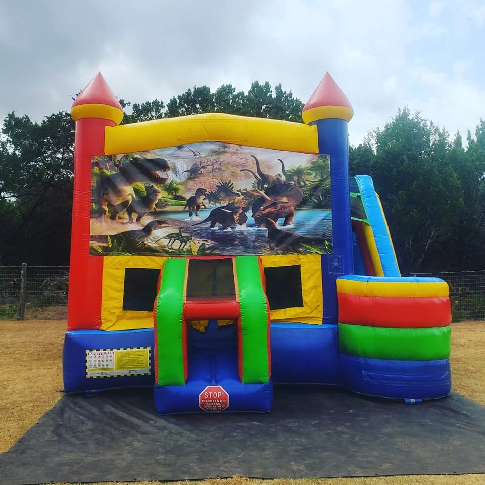 Commercial Jurassic Inflatable Dinosaurs Side Slide Combo Bouncer Slide Bounce House With Dry Wet Water Slide