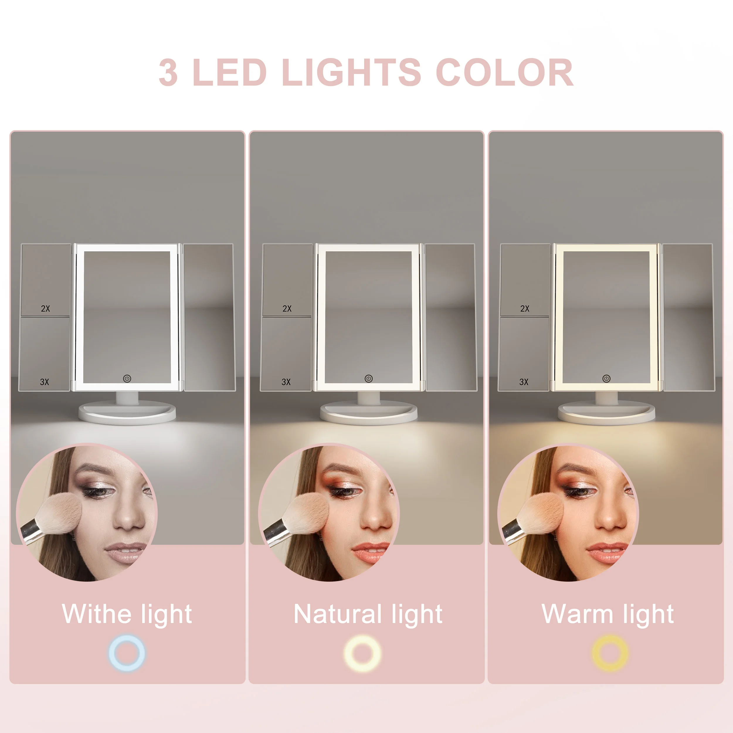 White Dual Power Supply Women Gift Trifold Vanity Foldable Cosmetic  LED Makeup Portable Travel Cosmetic Mirror