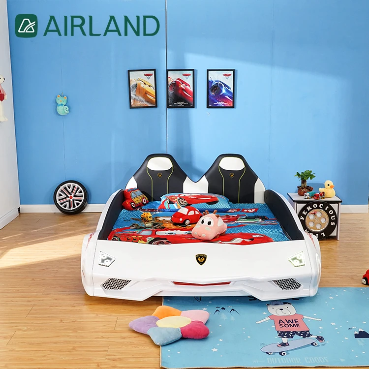Airland Modern LED Lamp Wooden Bed Frame Bedroom Furniture Grils Boys Kids Race Cars Beds Children Full Size Car Bed