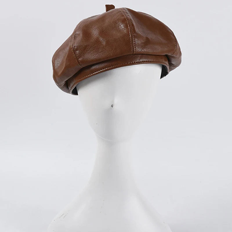 Simple PU Leather Beret Ladies Solid Color Adjustable Painter Hat Autumn Outdoor Travel Cap Male British Style Hats