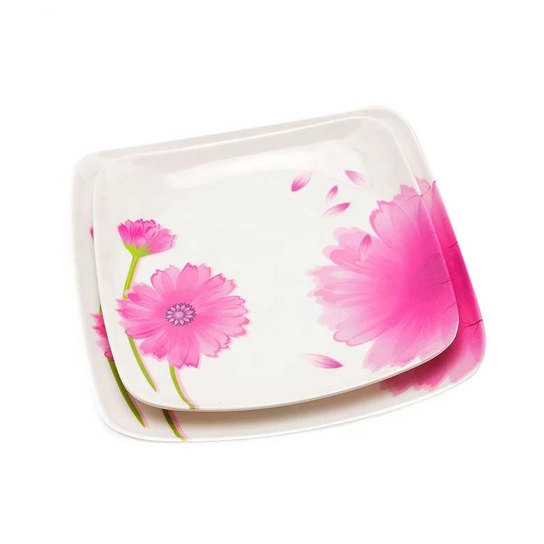 Restaurant dinnerware custom logo flower design OEM melamine plastic square dishes food grade square dinner plates