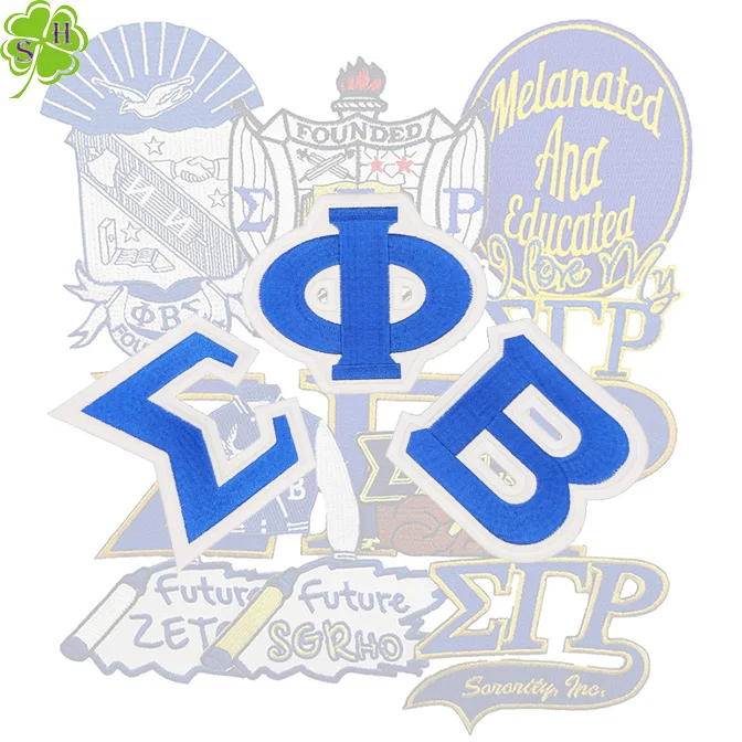 4 Inches Blue And White Greek Letter Embroidered Patches Iron On Heat Cut Border Custom Embroidery Patch For Clothing