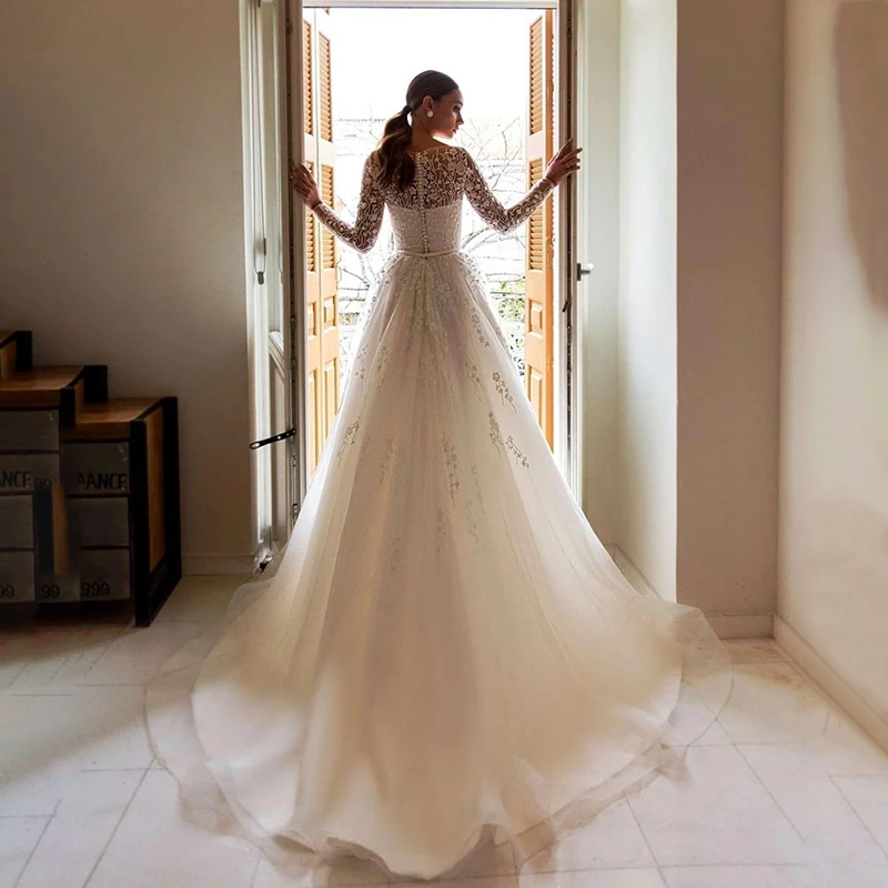 13836# Illusion Lace Long Sleeve Wedding Dress A-Line Scoop Neck 2022 Elegant Appliques Tulle Bridal Gown Button Sweep Train