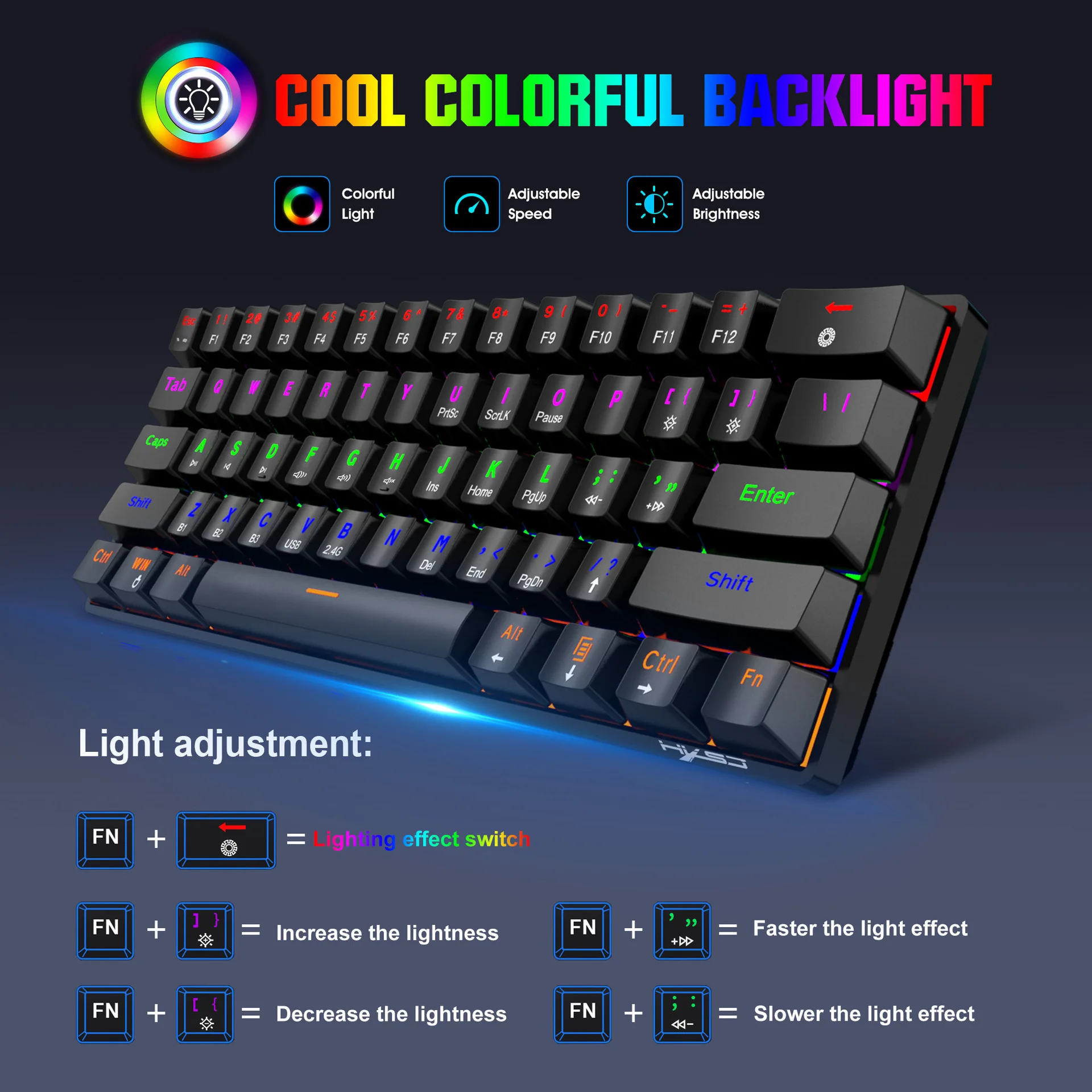 Mini BT 5.0 PC Keyboard 2.4G 3 mode Wireless keyboard Color LED backlit 61 key RGB Gaming 60% mechanical keyboard