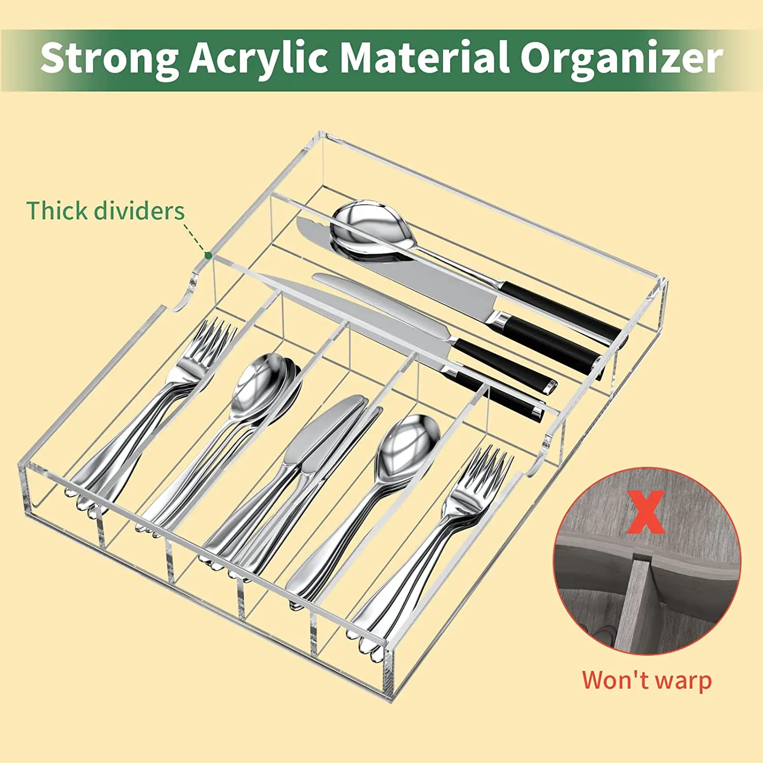 Expandable Kitchen Drawer Organizer for Flatware and Utensils Cutlery Holder Adjustable Clear Acrylic Silverware Tray
