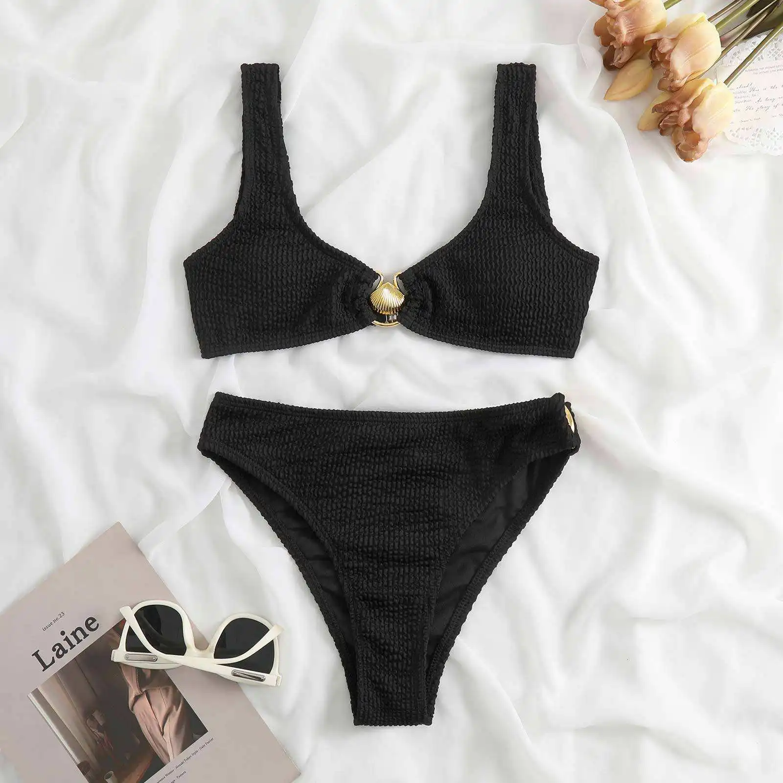 2023 Wholesale Custom Sexy Solid Color Two Piece Bikini Beachwear Polyester Swimwear Swimsuits For Women Girls