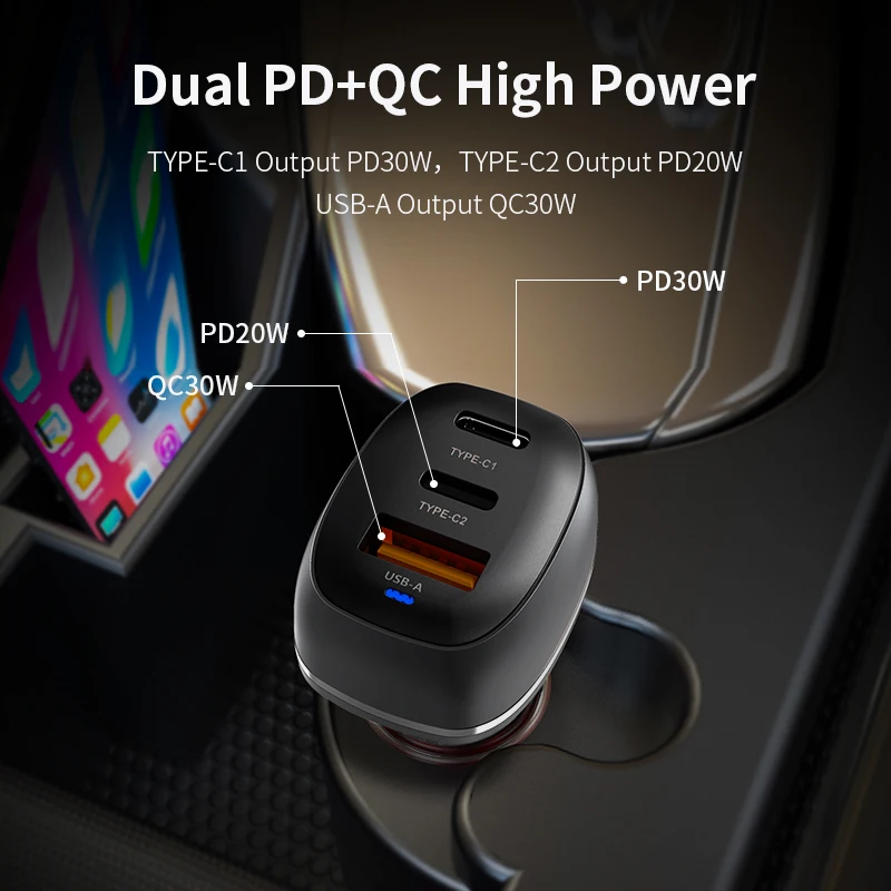 3 In 1 Dual Type C Port USB A 50W Charger Car Cell Phone Laptop Table