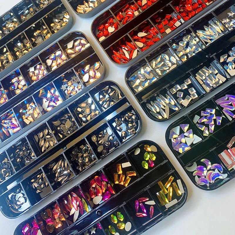12 Grids Flat-bottom Glass Nail Art Rhinestones Mix AB Colors Diamond 3D DIY Manicure Decorations