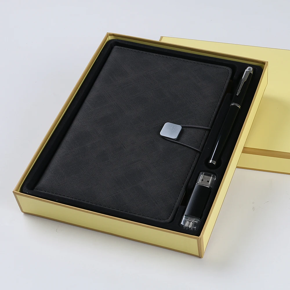 gift items with customized promotion logo diari notebook custom logo pens wooden flash drive 3 piece gift box set
