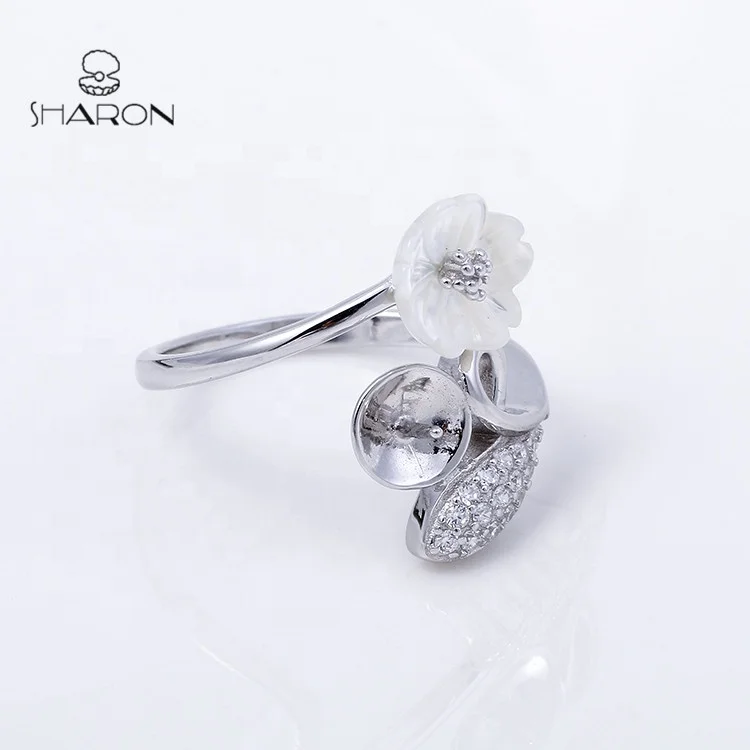 Manufacturer Wholesale Sharon Shell Flower Leaf 925 Sterling Silver Pearl Fashion Adjustable Ring For Women