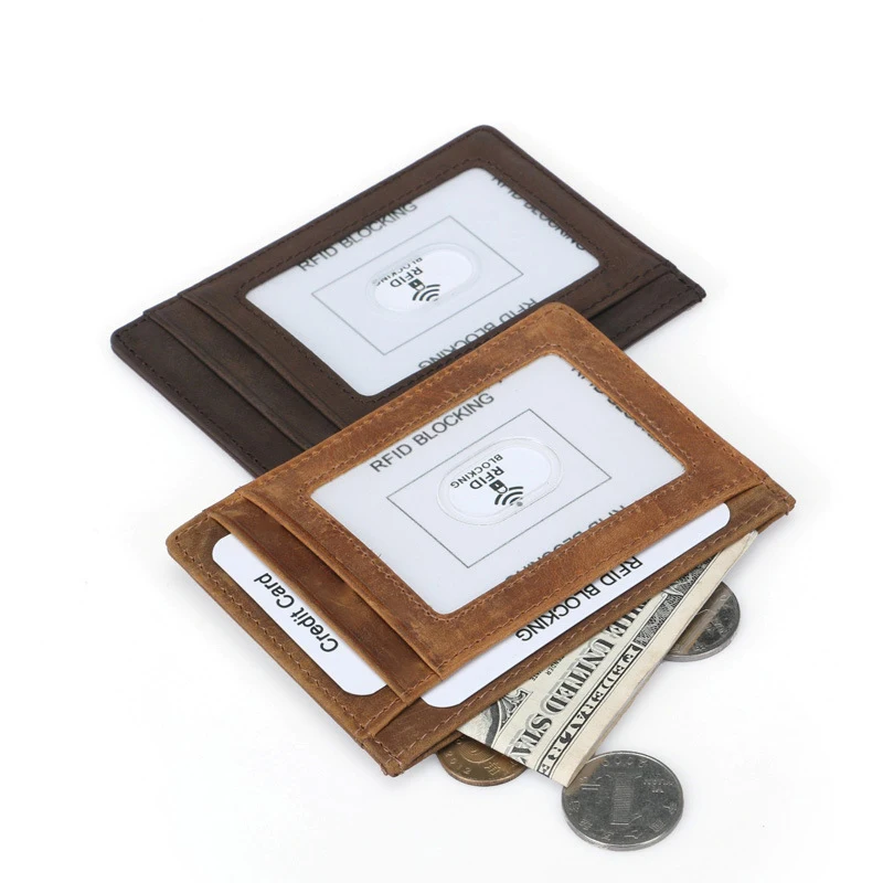 Wholesale custom men crazy horse genuine leather atm bank card coin holder rfid credit card holder wallet
