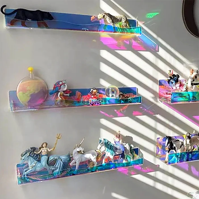 Wall Mounted Neon Acrylic Floating Shelf Slatwall Iridescent Clear Acrylic Bathroom Storage Ledge Shelves For Toy Display
