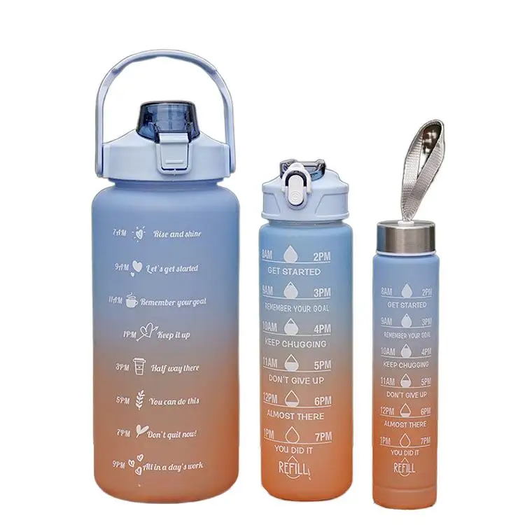 Custom 500ml 900ml 2000ml 3 In 1 Bpa Free Gradient Color Gym Fitness Sports Plastic Motivational Water Bottle With Time Marker