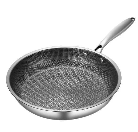 28cm Stainless Steel 304 Frying Pan Triply Kitchenware SS handle Non-Stick Coating Single Side Honeycomb Fire Textured Pattern