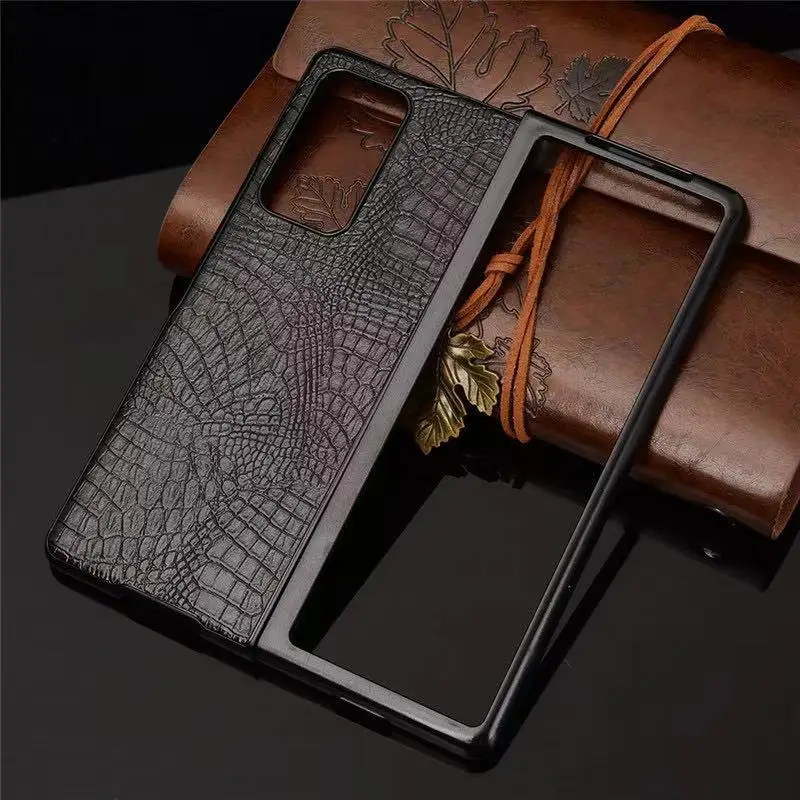 Unique pu leather phone case for  Samsung Galaxy Z Fold 2 Retro Lychee Pattern Folding Screen Hard PC Cover