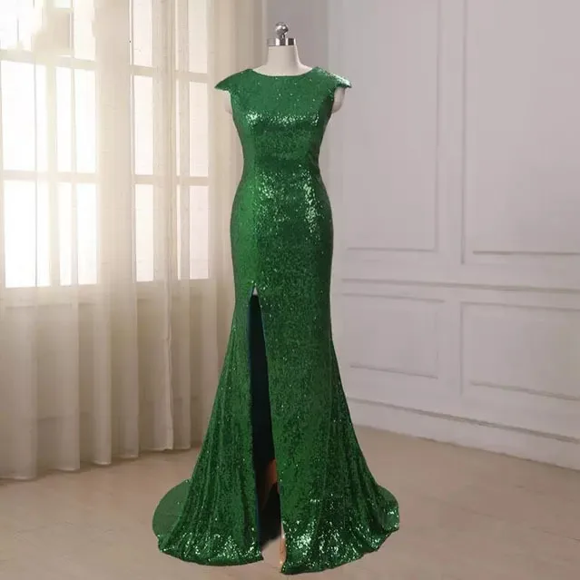 Rose Gold/Green/Burgundy Sequins Slit Evening Party Dresses Plus Size Cap Sleeve Bridesmaid Prom Gowns