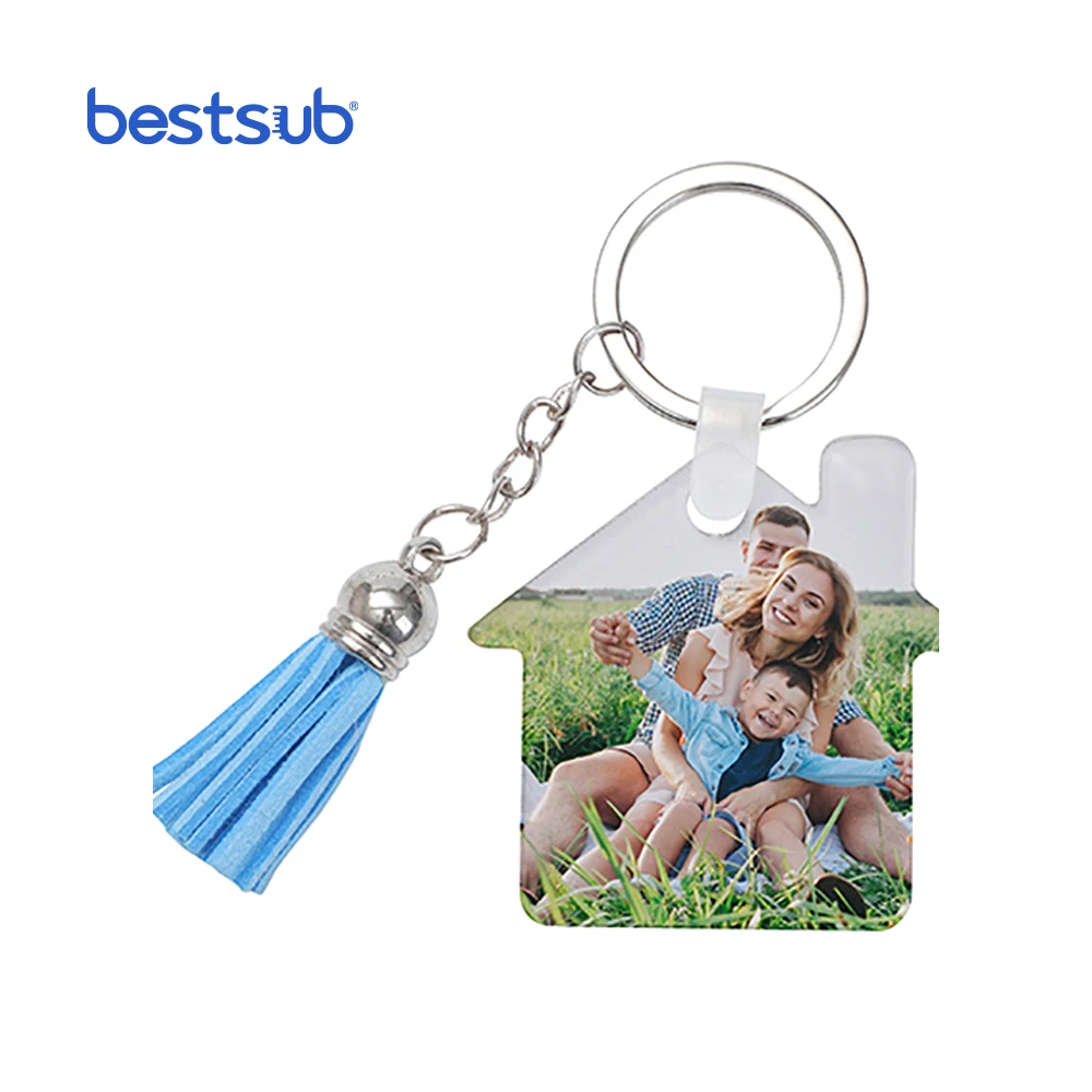BestSub Wholesale Custom White House Sublimation Blanks Acrylic Keychain with Blue Tassel