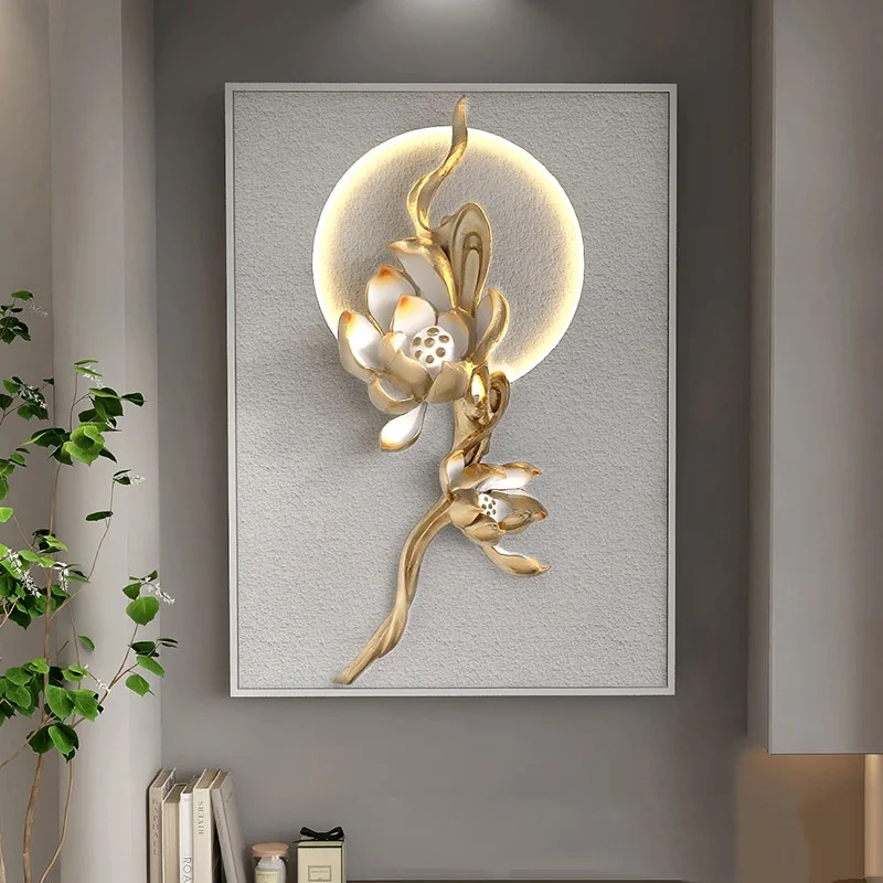Modern Light Luxury Lotus Decorative Painting Three-Dimensional Relief Atmosphere Lamp Hotel Lobby Porch Hanging Paintings