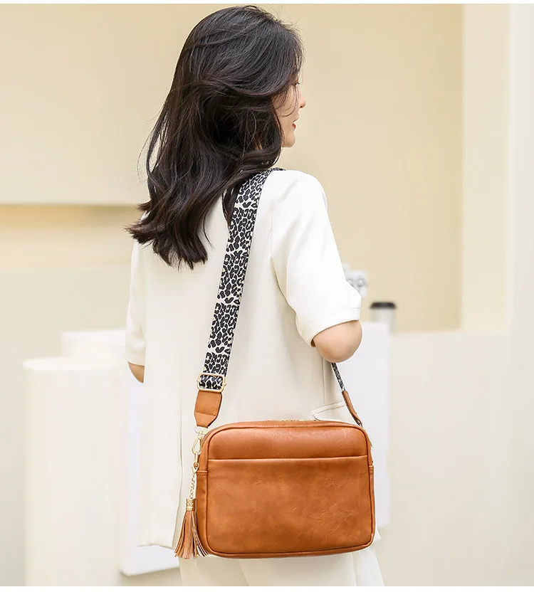 Monogram Blank Vegan Leather Shoulder Strap Crossbody Message Bags Tassel Shoulder Crossbody Bag with Wide Purse Strap