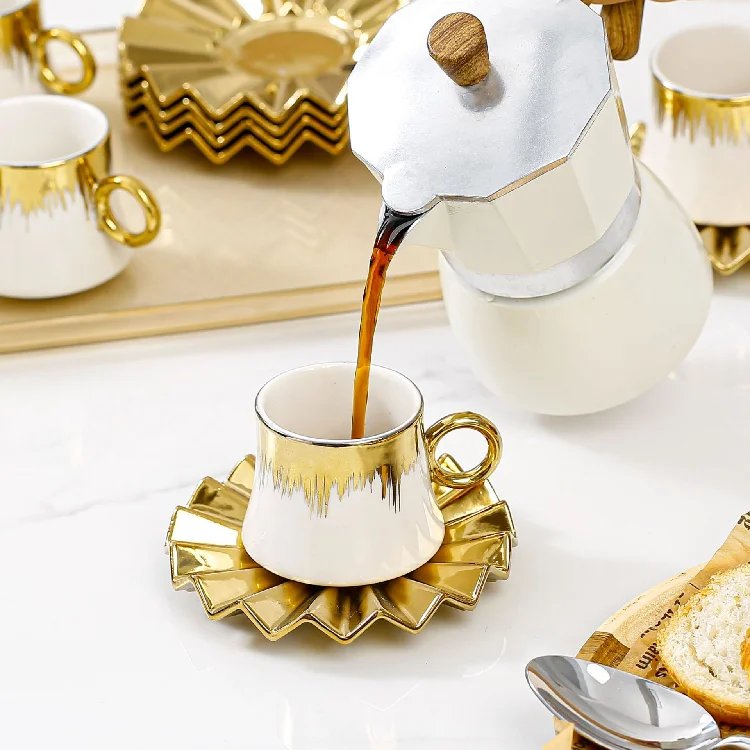Middle East Arabic GoldPlated Ceramic Coffee espresso Cup with Saucer Set of 6 Cups Tray European Style Gift Box for Export
