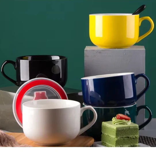 750Ml Ceramic Soup bowls for Soup Cereal Snacks Salad Noodles Cups, Microwave safe, milk mug with lid