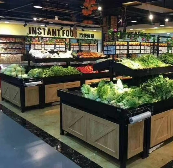 Современная стойка для овощей из стали и дерева супермаркетов современные витринные полки фруктов