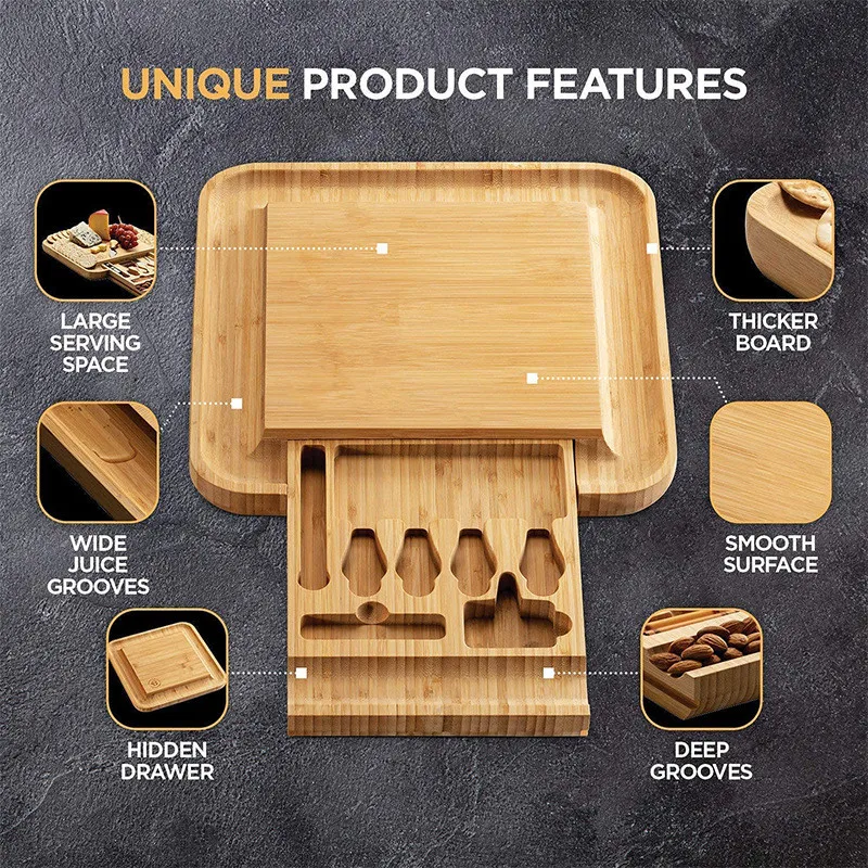 Nature eco friendly Bamboo cheese board with Sliding tray wooden cheese board and knife sets with cheese  for kitchen use