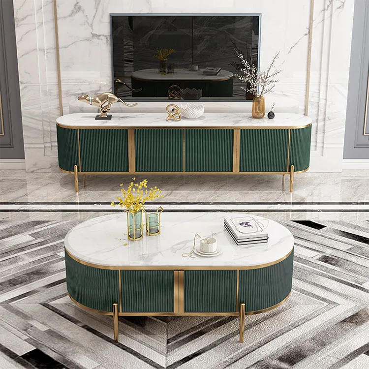 Wholesale Modern TV Units Marble Top TV Stand and Coffee Table Set Living Room Furniture Gold Stainless Steel Wooden 1 Set Panel