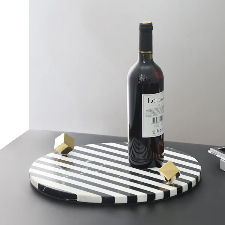 Classic black and white stripes decorative round marble serving tray for perfume