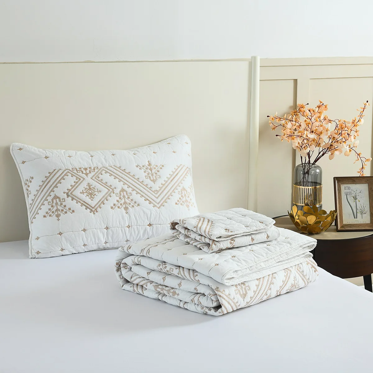 Cross-stitch Quiltting Good Sleeping 100% Cotton Air Permeability Soft Comfortable and Skin-friendly 3pcs Bedspread Set