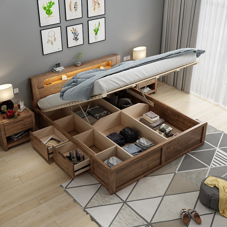 Frame Structure Modern Design Double Wooden Bed Frame Furniture Modern Beds With Storage