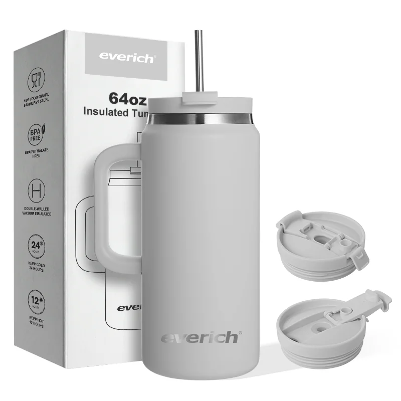 ODM 64oz Eco-friendly Sports Food Grade Stainless Steel Vacuum Insulated Coffee Tumbler Travel Mug with straw and handle and lid