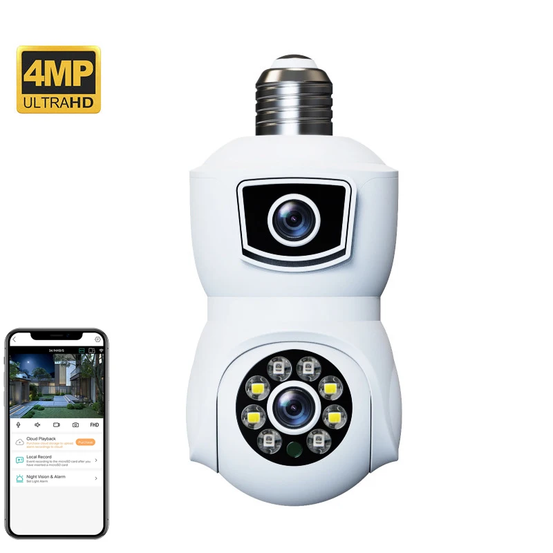 4mp E27 Wireless Wifi Dual Lens Bulb Camera 360 Security Surveillance Ip Ptz Mini Camera Bulb Light Cctv Camera