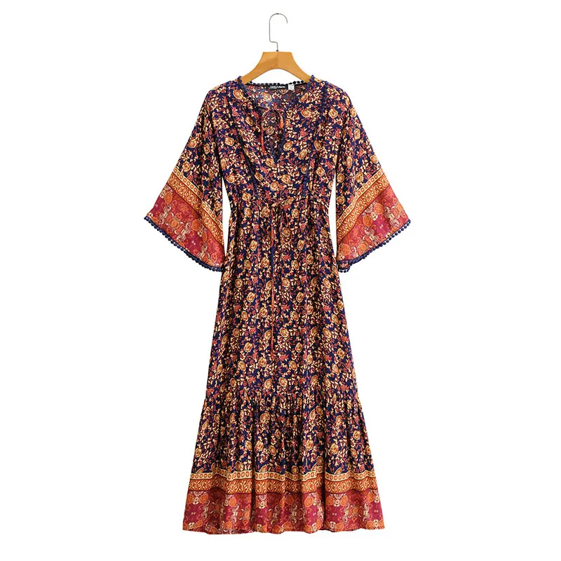 
Bohemian Dress Floral Print Lacework Maxi Dress V neck Bell Sleeve Rayon Cotton Gypsy Style Maxi Dress Vestidos 