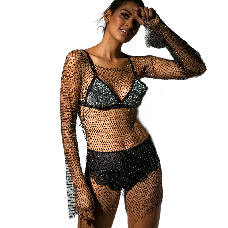 Новогоднее короткое платье-сетка с кристаллами, роскошное сексуальное платье-сетка с кристаллами для вечеринки, платье для девушек с отделкой стола