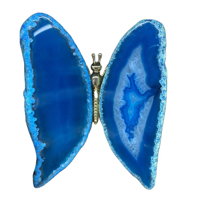 Оптовая продажа, натуральные лечебные металлические кусочки агата, хрустальные украшения с синей бабочкой