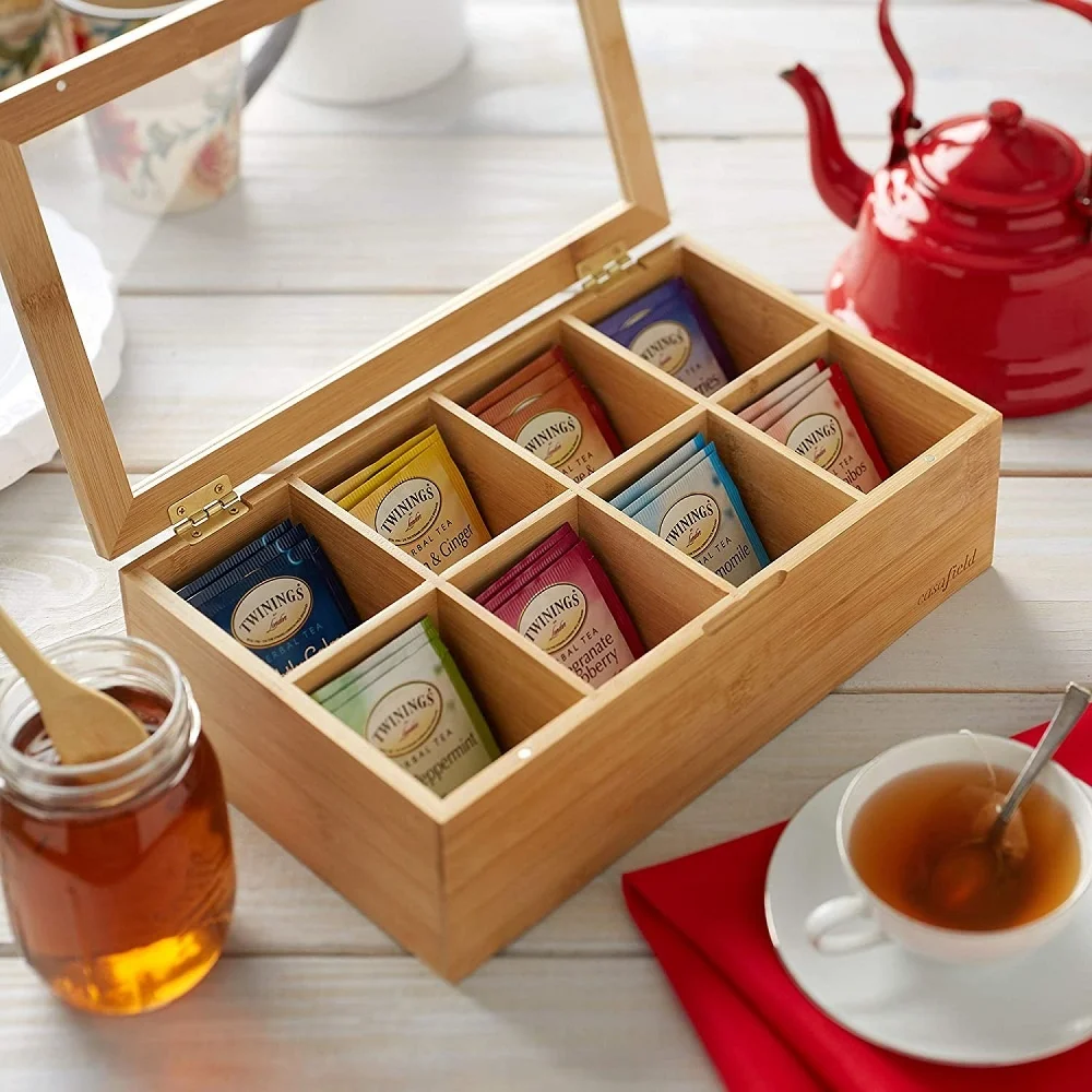 Premium Bamboo Office Organizer Box with 8 Equally Dividers for Tea Bag Storage Organization Multifunction Jewelry Box