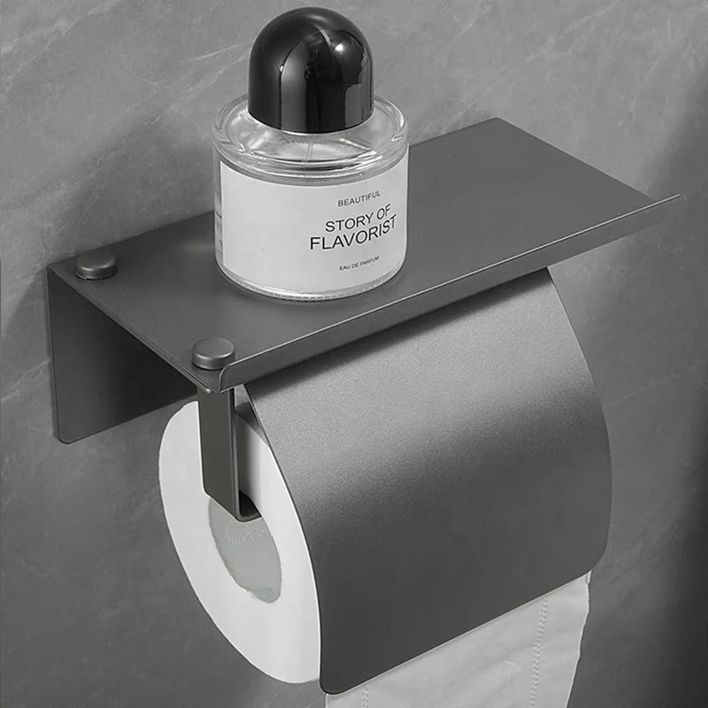 Stainless Steel Wall-mounted Multifunction Toilet Roll Standing Tissue Black Toilet Paper Holder With Phone Shelf