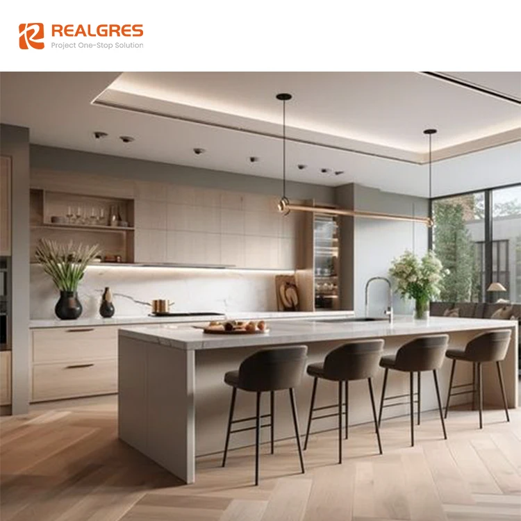 Realgres Fluted Door Design Kitchen Solid Wood Veneer Lacquer Acrylic Modern Kitchen Cupboard Furniture Kitchen Cabinet Set