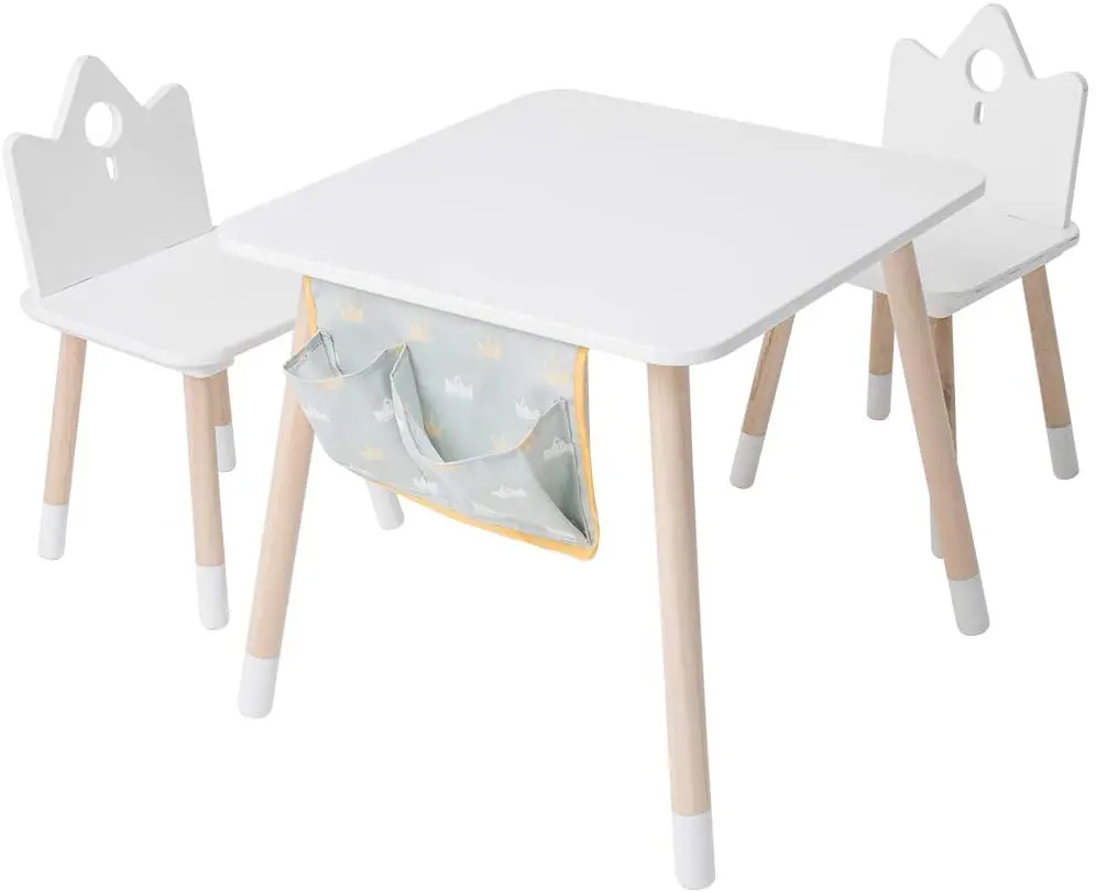 
Kids Wood Modern Furniture Table And Chair Set, White Daycare Toddler Table For 1-5 Years, 3-Piece Set Desk With Storage Bag 